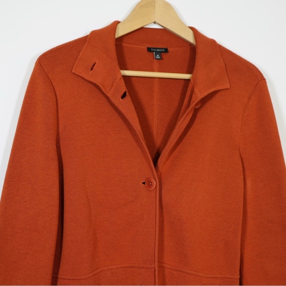 Talbots Womens Burnt Orange Knit Blazer Jacket Cotton Blend Pockets Size M Fall - Picture 12 of 12